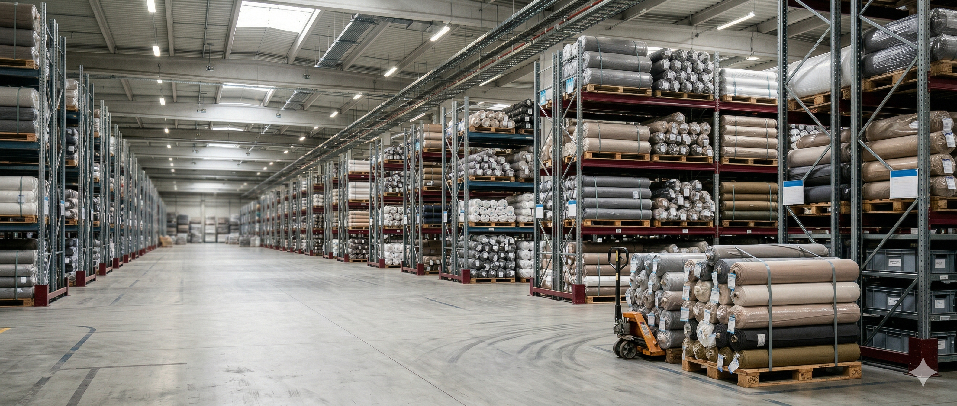 DUGARS fabric warehouse with rolls stacked